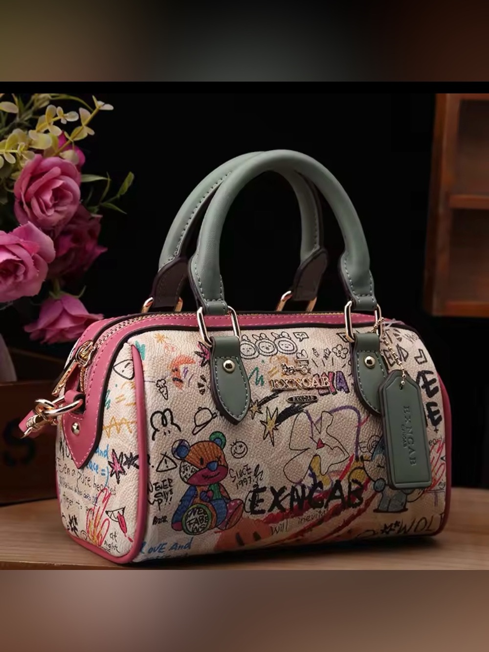 New designer inspired Multicolor Graffiti Satchel Bag with Green Handles